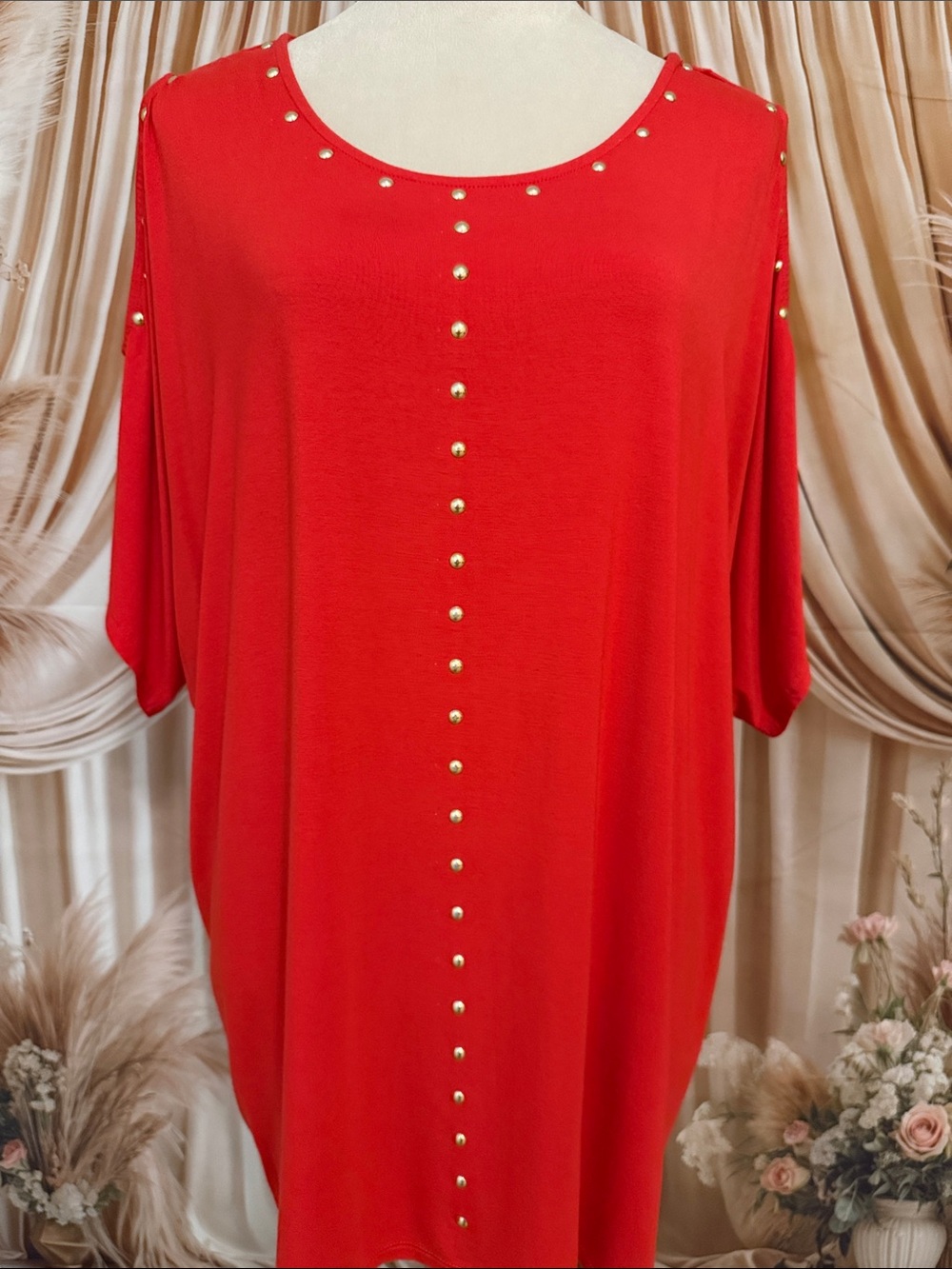 Carmen Marc Valvo Cold Shoulder Vibrant Red Tunic with Gold Stud Detailing
